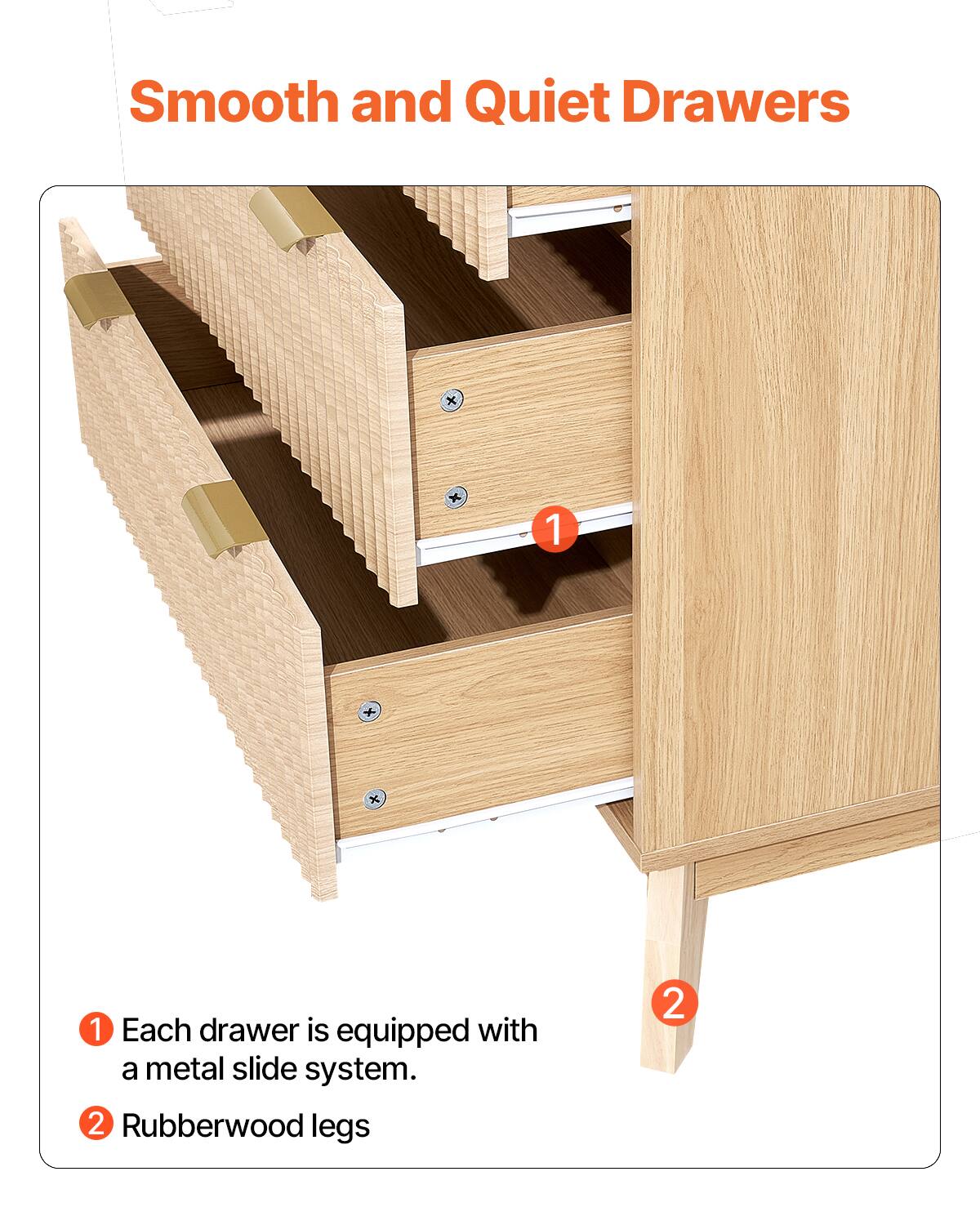 Smooth and Quiet Drawers

1. Each drawer is equipped with a metal slide system.
2. Rubberwood legs