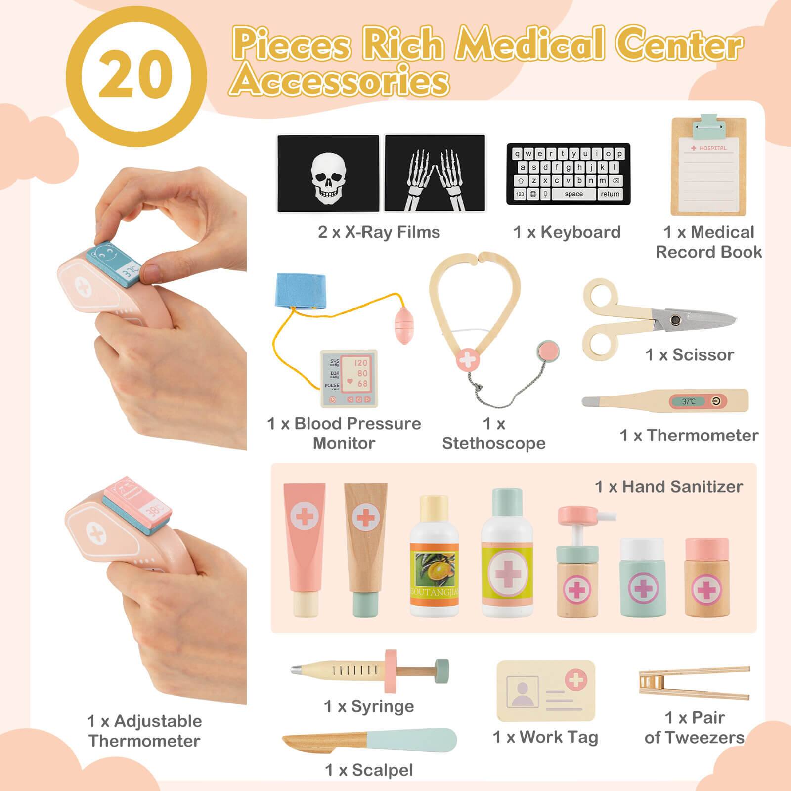 Pieces Rich Medical Center Accessories

20

2 x X-Ray Films
1 x Keyboard
1 x Medical Record Book
1 x Scissor
1 x Blood Pressure Monitor
1 x Stethoscope
1 x Thermometer
1 x Hand Sanitizer
1 x Adjustable Thermometer
1 x Syringe
1 x Scalpel
1 x Work Tag
1 x Pair of Tweezers