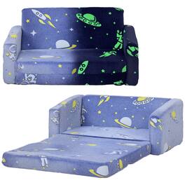 Qaba - 2-in-1 Kids Sofa Chair, Toddler Couch, Glow-in-the-Dark Cosmic Pattern, Washable Cover, Fold-Out Convertible to Lounger - Blue