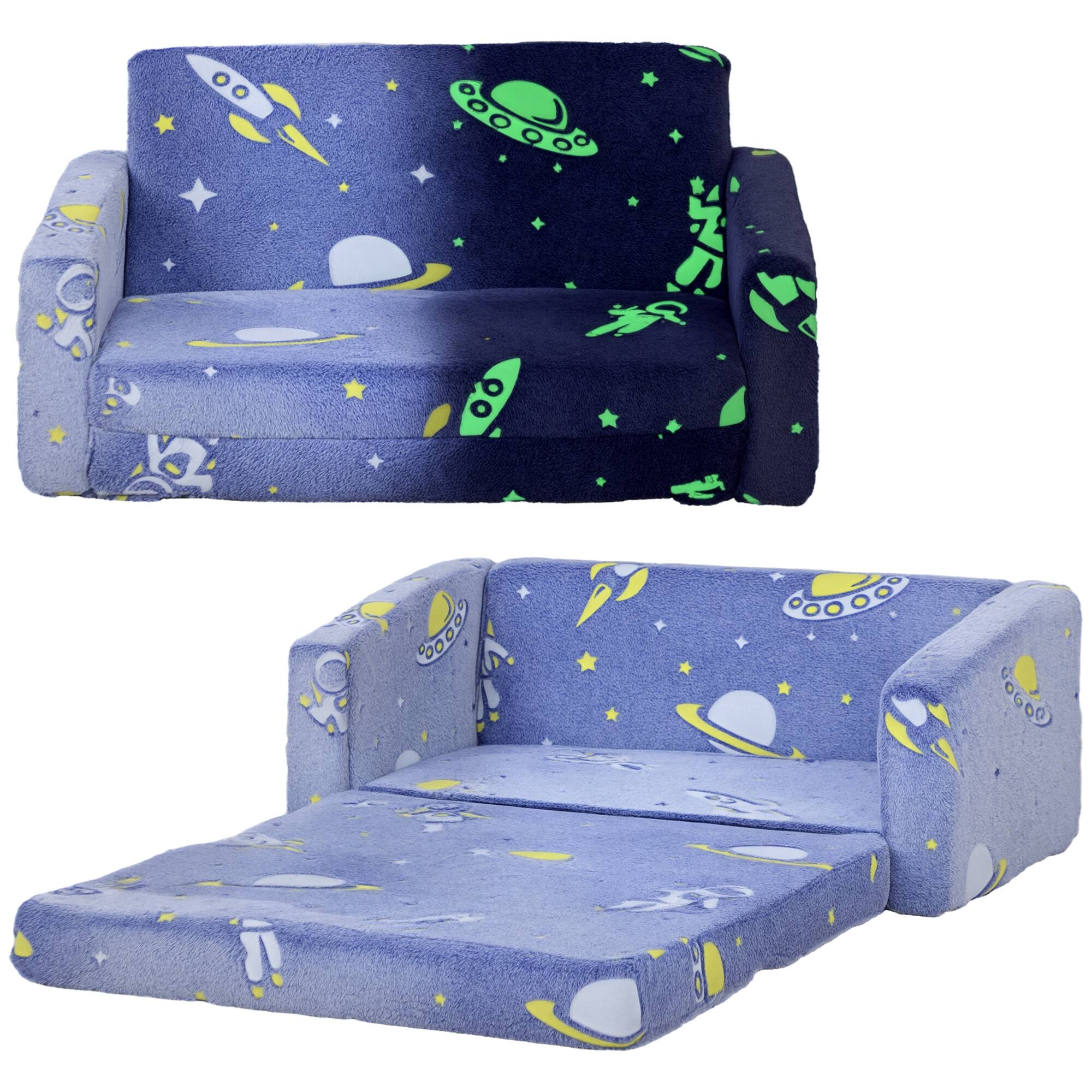 Front. Qaba - 2-in-1 Kids Sofa Chair, Toddler Couch, Glow-in-the-Dark Cosmic Pattern, Washable Cover, Fold-Out Convertible to Lounger - Blue.
