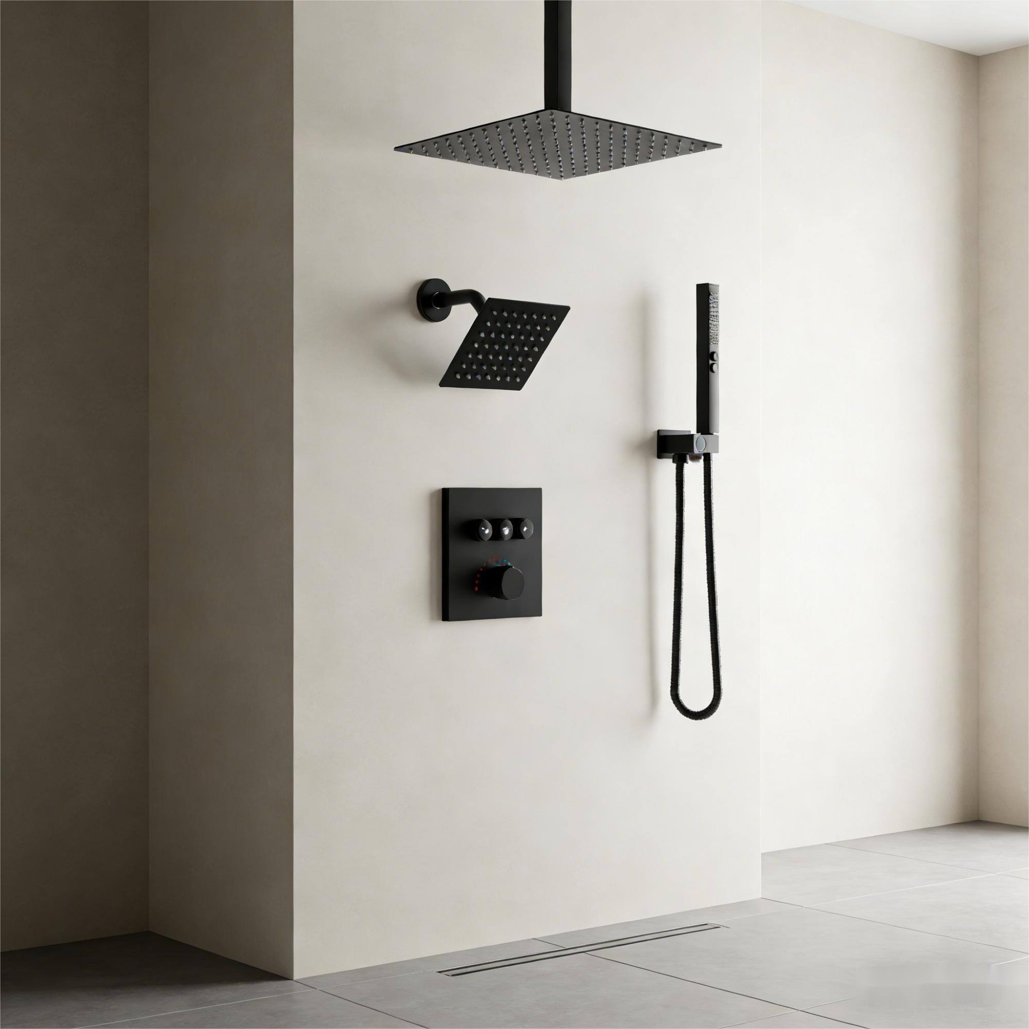 Alt View 1. Boyel Living - Matte Black Copper Shower Faucet Thermostatic Cartridge 12-Inch 6-Inch Top Spray 2-Function - Chrome.