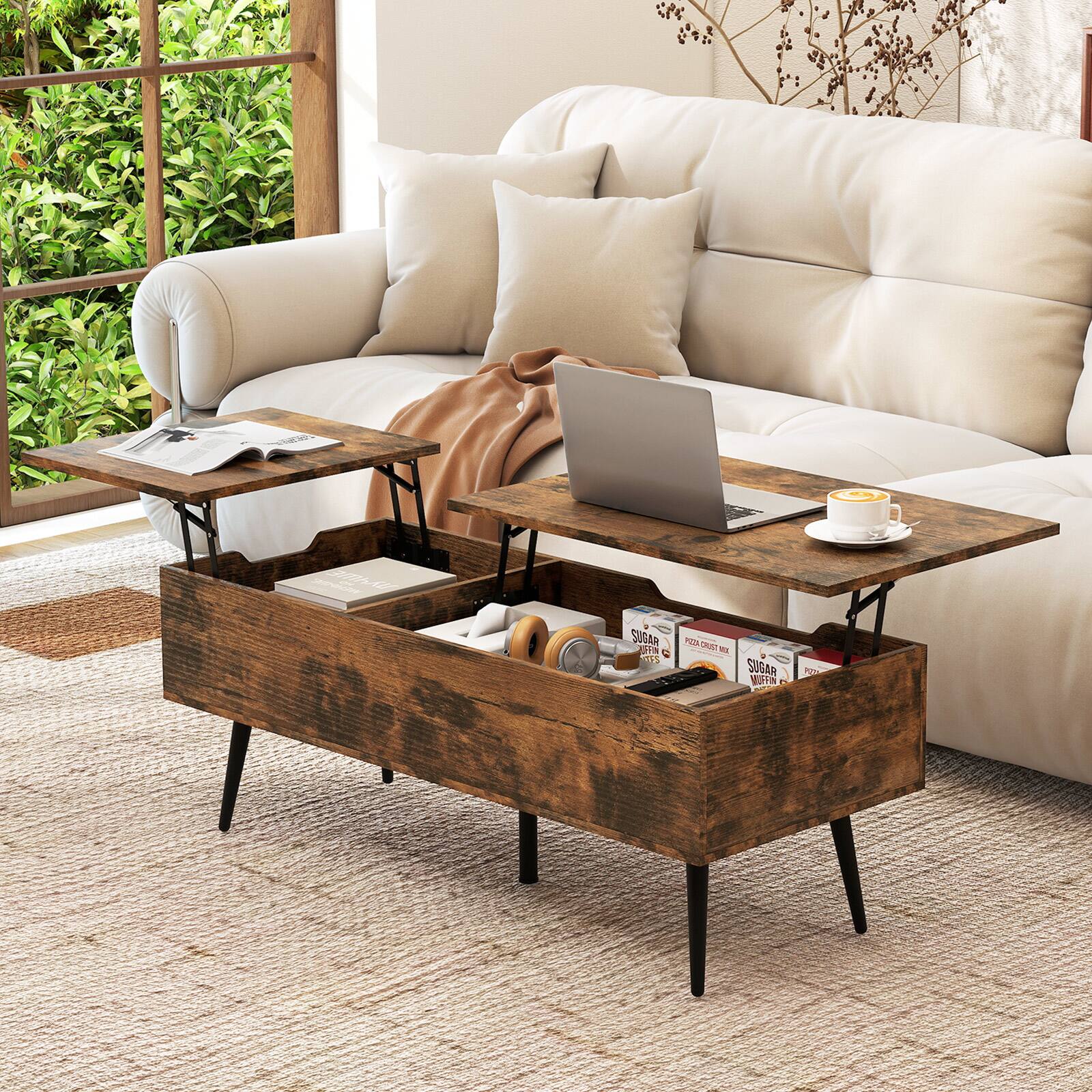 Gymax Mid Century Modern Center Table w/ Split Top & 2 Hidden
