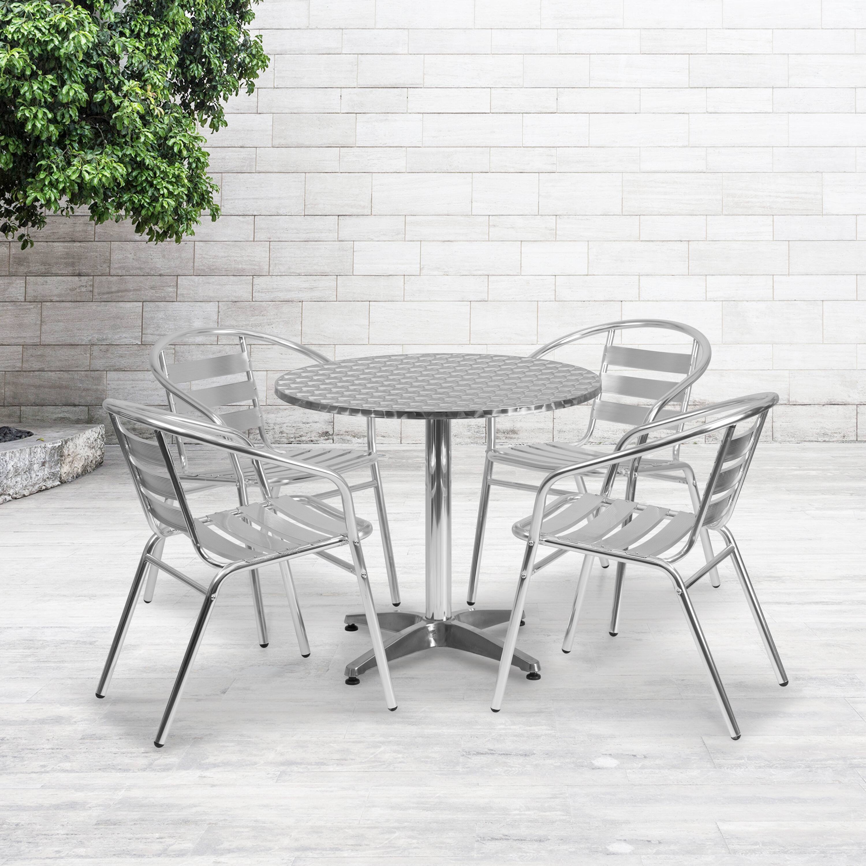 Alt View 1. Emma + Oliver - 31.5'' Round Aluminum Indoor-Outdoor Table Set with 4 Slat Back Chairs - Aluminum.