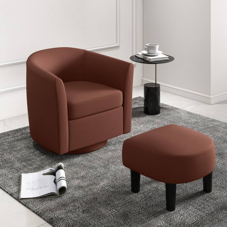Left. SlickBlue - Upholstered Swivel Accent Chair with Matching Ottoman and Curved Design - Brown.