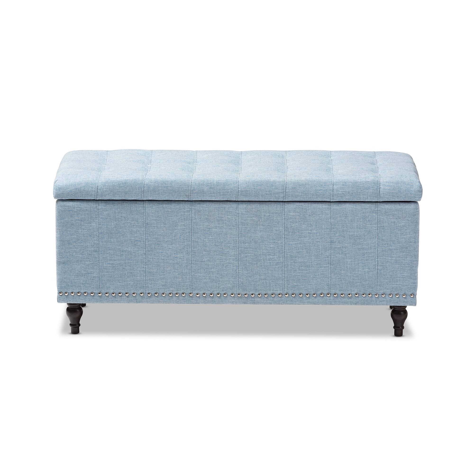 Left. Baxton Studio - Kaylee Modern Classic Fabric Upholstered Button-Tufting Storage Ottoman Bench - Light Blue.