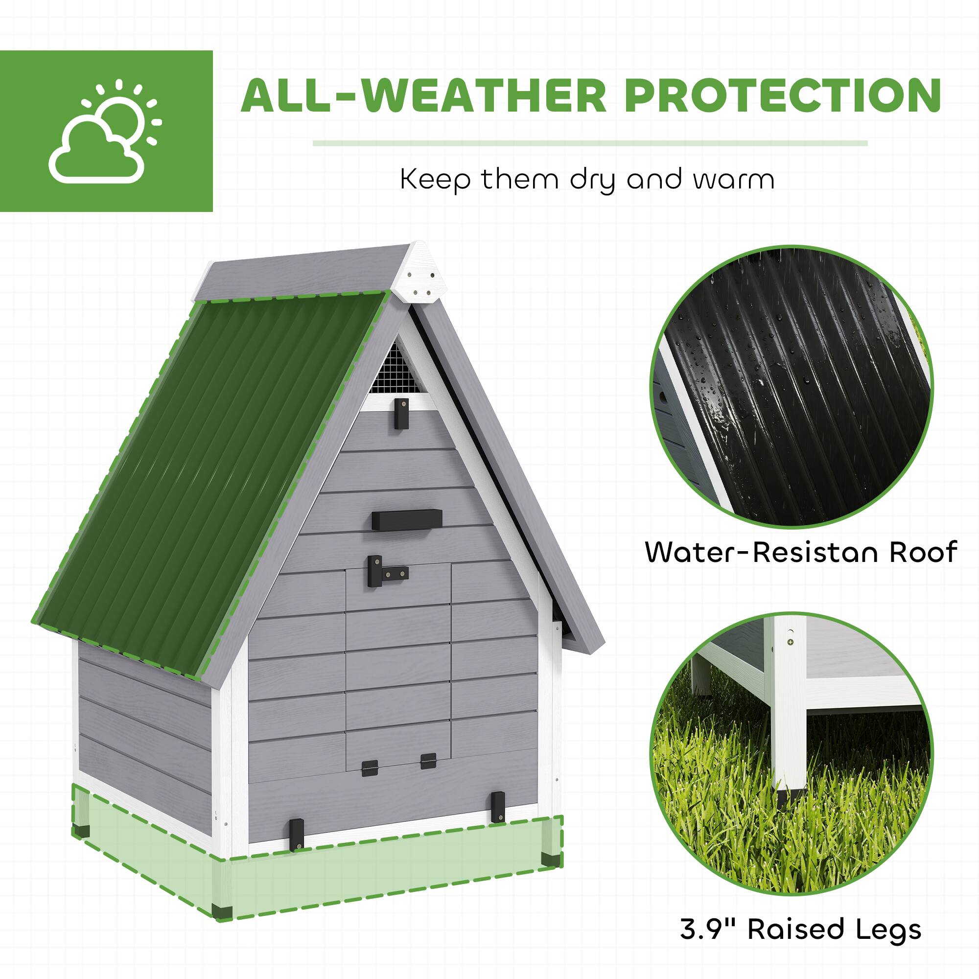 ALL-WEATHER PROTECTION  
Keep them dry and warm  

Water-Resistant Roof  

3.9" Raised Legs