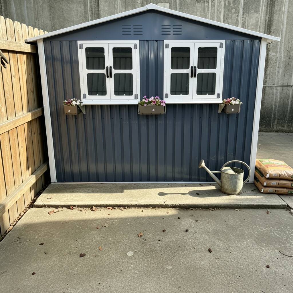 Back. Anysun - 6x9 FT Outdoor Metal Storage Shed with Window & Flower Rack – Lockable Double Doors Tool Shed, Waterproof Weatherproof - Coal Gray.