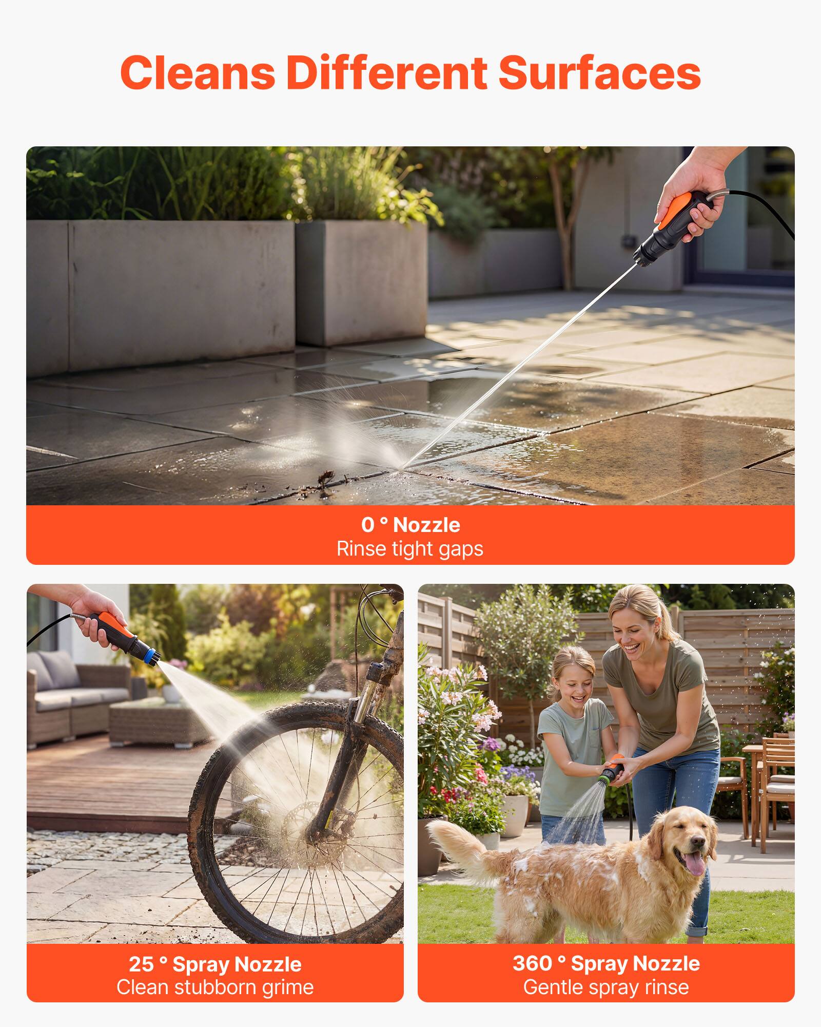 Cleans Different Surfaces

0° Nozzle  
Rinse tight gaps

25° Spray Nozzle  
Clean stubborn grime

360° Spray Nozzle  
Gentle spray rinse