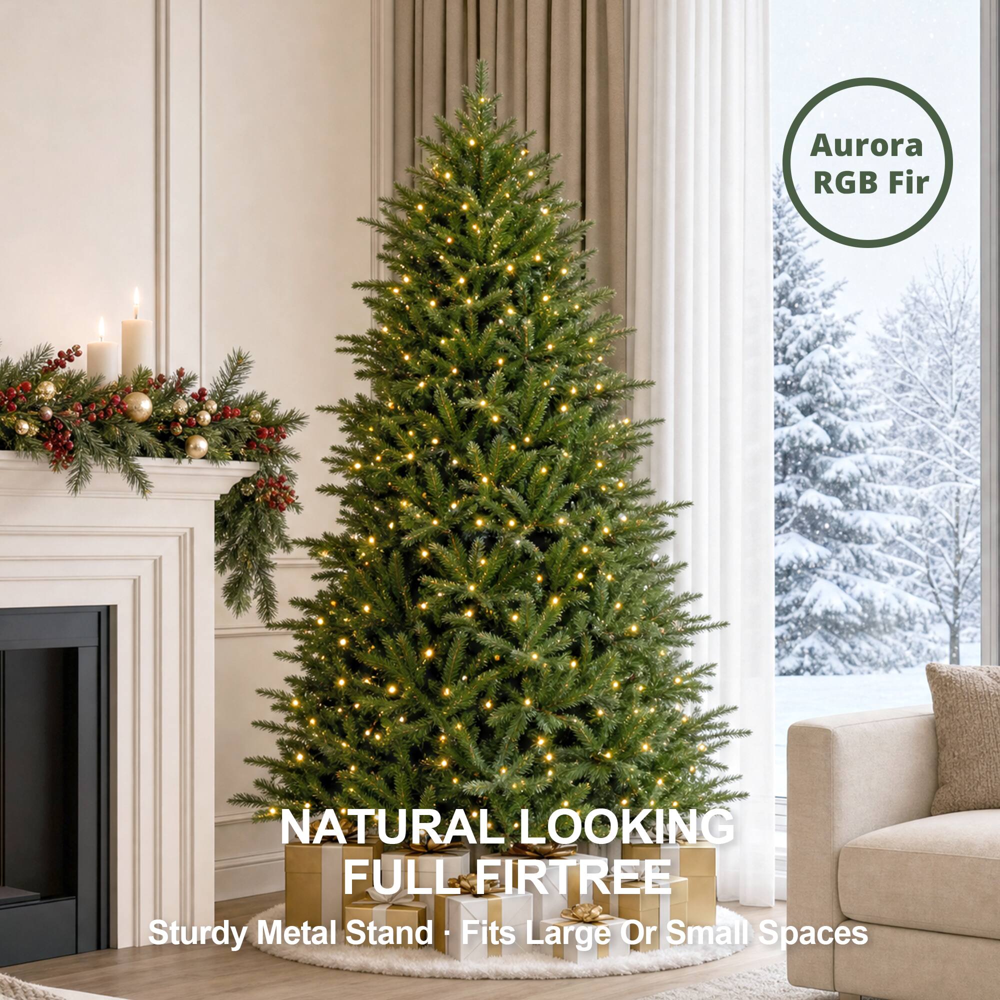 Aurora RGB Fir  
NATURAL LOOKING FULL FIR TREE  
Sturdy Metal Stand • Fits Large Or Small Spaces