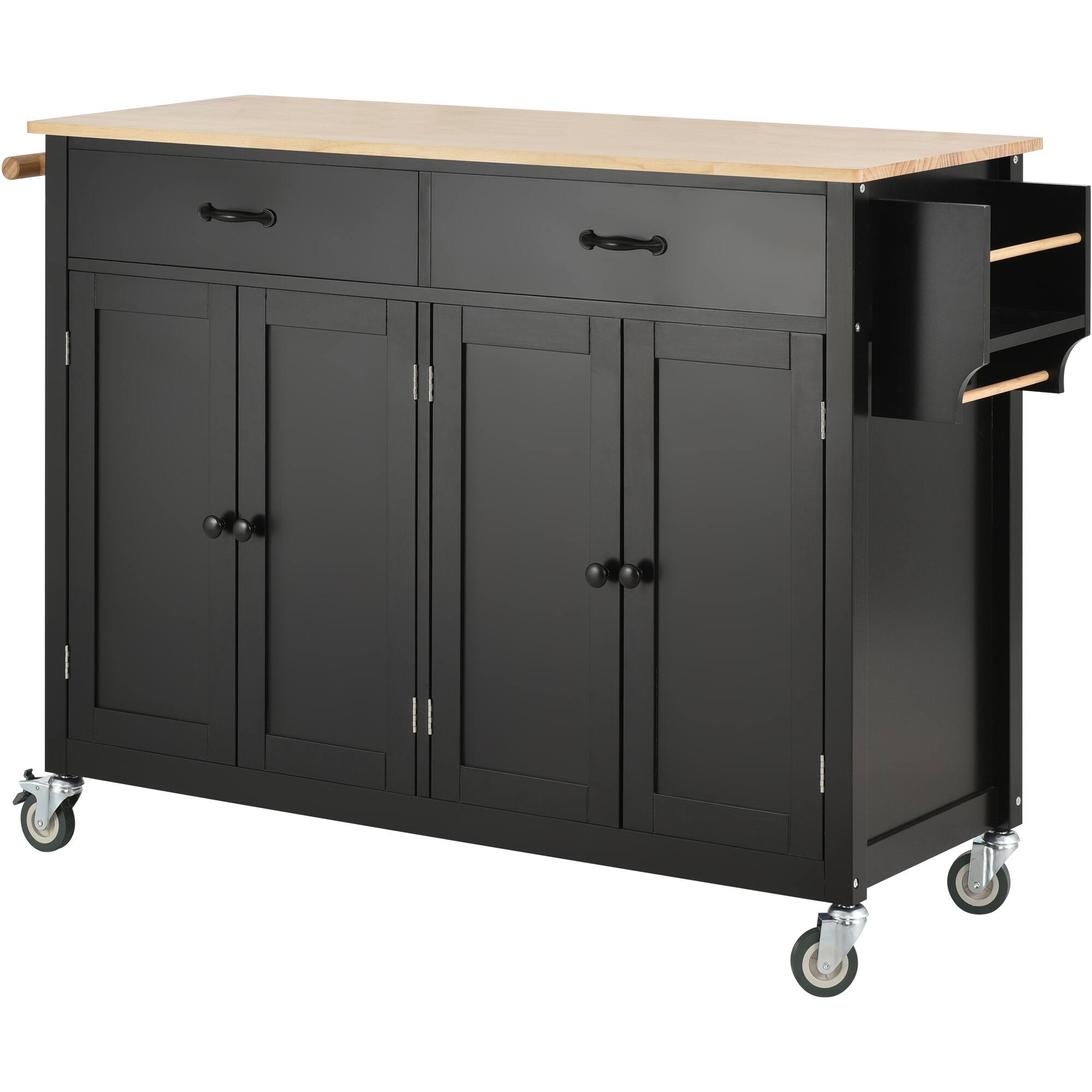 Alt View 6. Forest'nSky - 54.3" Kitchen Island Cart with Solid Wood Top – 4 Doors, 2 Drawers, Spice Rack & Towel Rack, Locking Wheels, Black - Black.