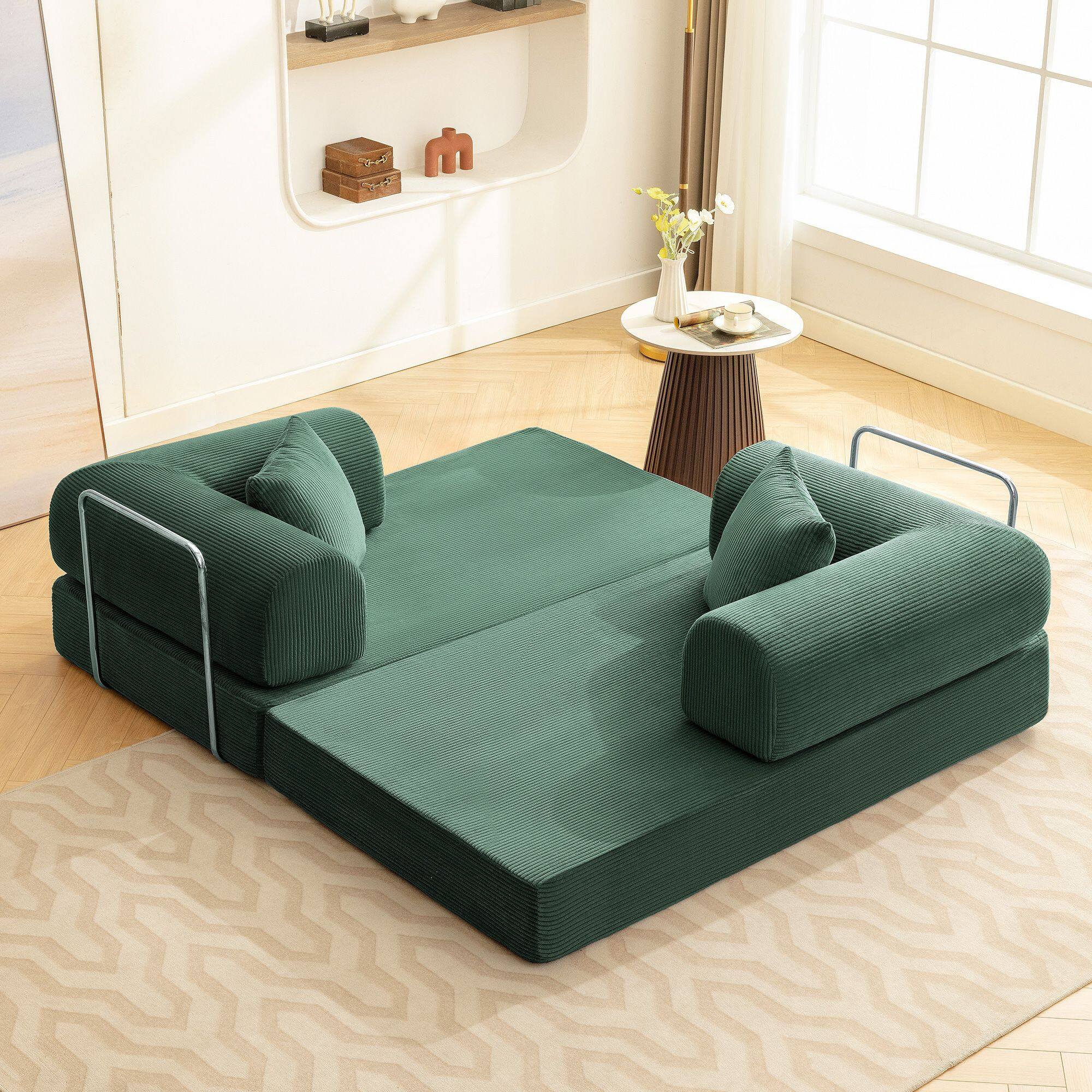 Front. Brick Attic - 78Inch Foldable Modular Corduroy Sofa Bed Convertible Floor Couch, No Assembly Required for Living Room, Bedroom Office - Olive Green.