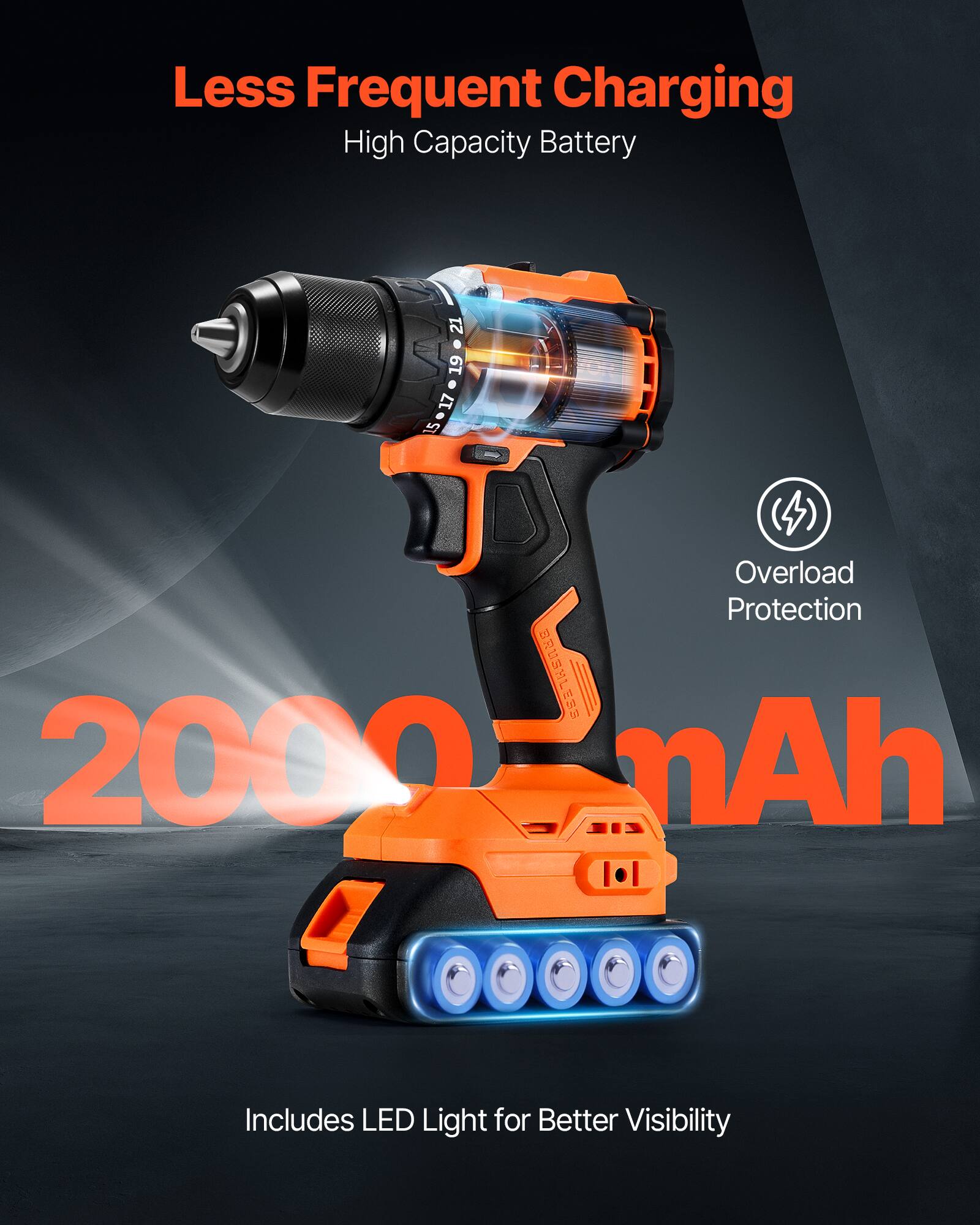 Less Frequent Charging  
High Capacity Battery  

2000 mAh  

Overload Protection  

Includes LED Light for Better Visibility