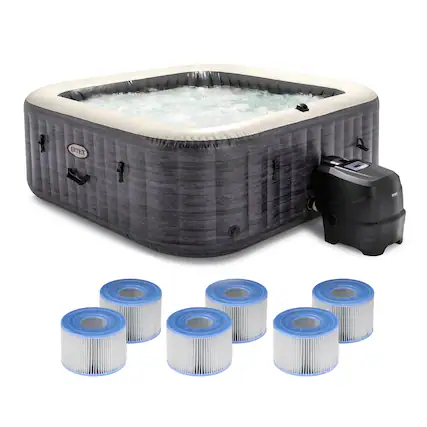 Front. Intex - Intex PureSpa Plus Greystone Hot Tub, 94x28", with S1 Filter Cartridge 6-Pack - Gray.