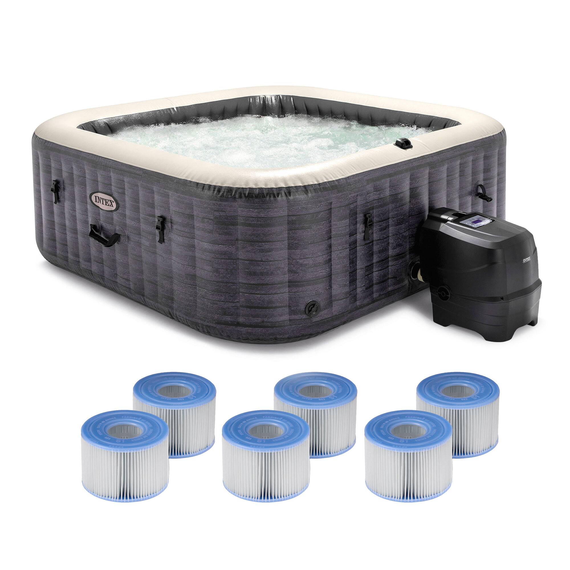 Front. Intex - Intex PureSpa Plus Greystone Hot Tub, 94x28", with S1 Filter Cartridge 6-Pack - Gray.