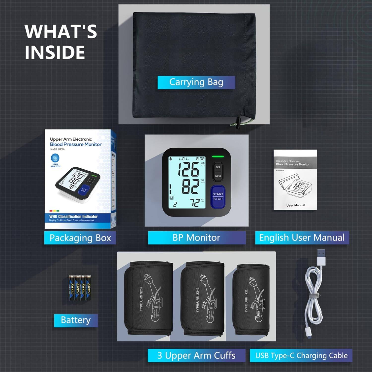WHAT'S INSIDE

- Carrying Bag
- Upper Arm Electronic Blood Pressure Monitor
- Packaging Box
- BP Monitor
- English User Manual
- Battery
- 3 Upper Arm Cuffs
- USB Type-C Charging Cable
