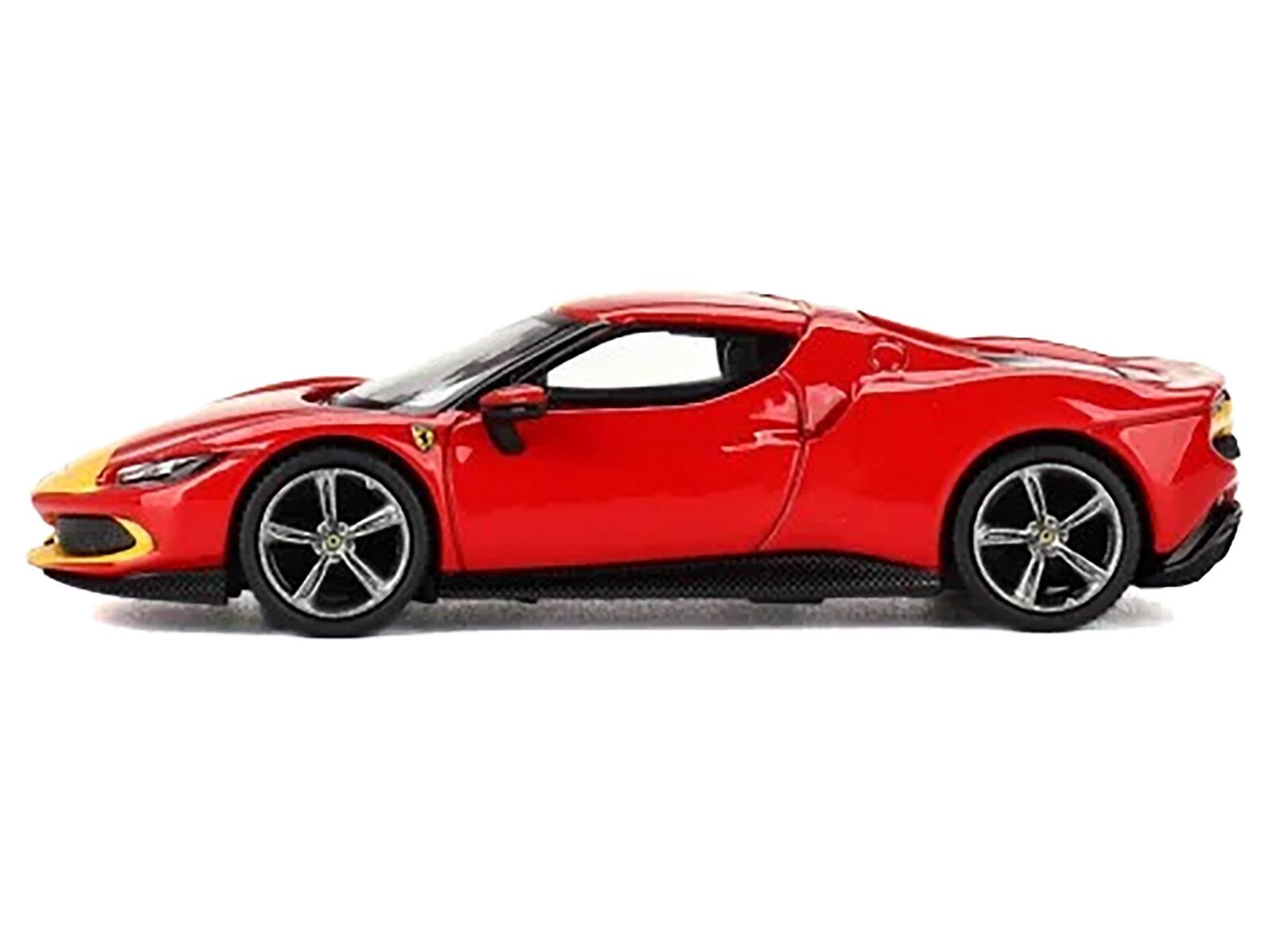 Angle. BBR - Ferrari 296 GTB Assetto Fiorano Rosso Corsa Red with Yellow Stripes 1/64 Diecast Model Car by BBR - Red and Yellow.