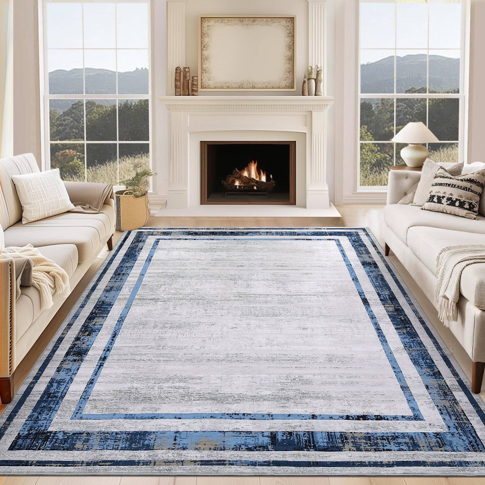 Front. Homhougo - 9x12 Modern Bordered Area Rug, Machine Washable Non-Slip Carpet for Living Room in Navy - Navy Blue.