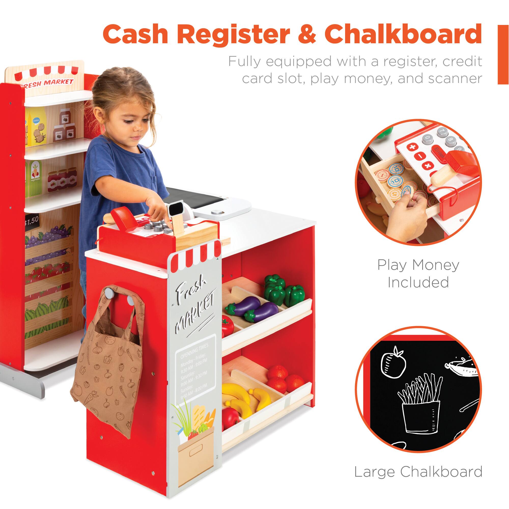 Cash Register & Chalkboard

Fully equipped with a register, credit card slot, play money, and scanner

Play Money Included

Large Chalkboard