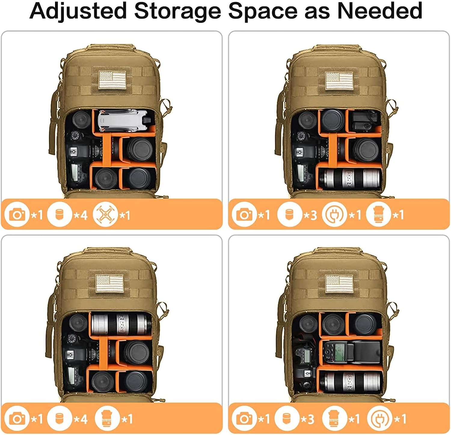 Adjusted Storage Space as Needed

*1 Camera
*4 Batteries
*1 Charger

*1 Camera
*3 Batteries
*1 Charger
*1 Flash

*1 Camera
*4 Batteries
*1 Charger

*1 Camera
*3 Batteries
*1 Charger
*1 Flash