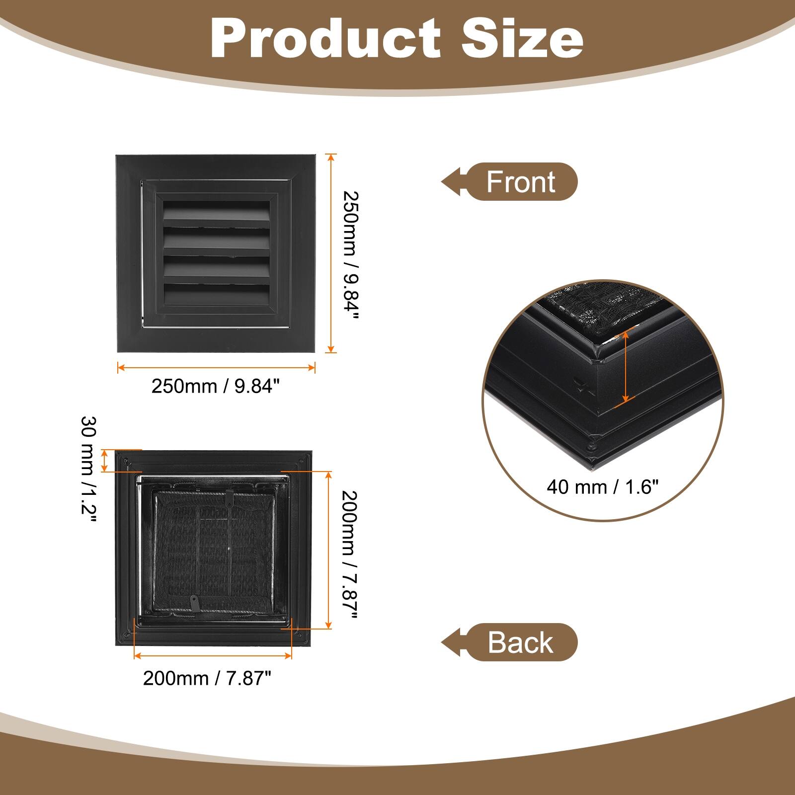 Product Size

Front
- 250mm / 9.84"
- 200mm / 7.87"
- 30mm / 1.2"

Back
- 40mm / 1.6"