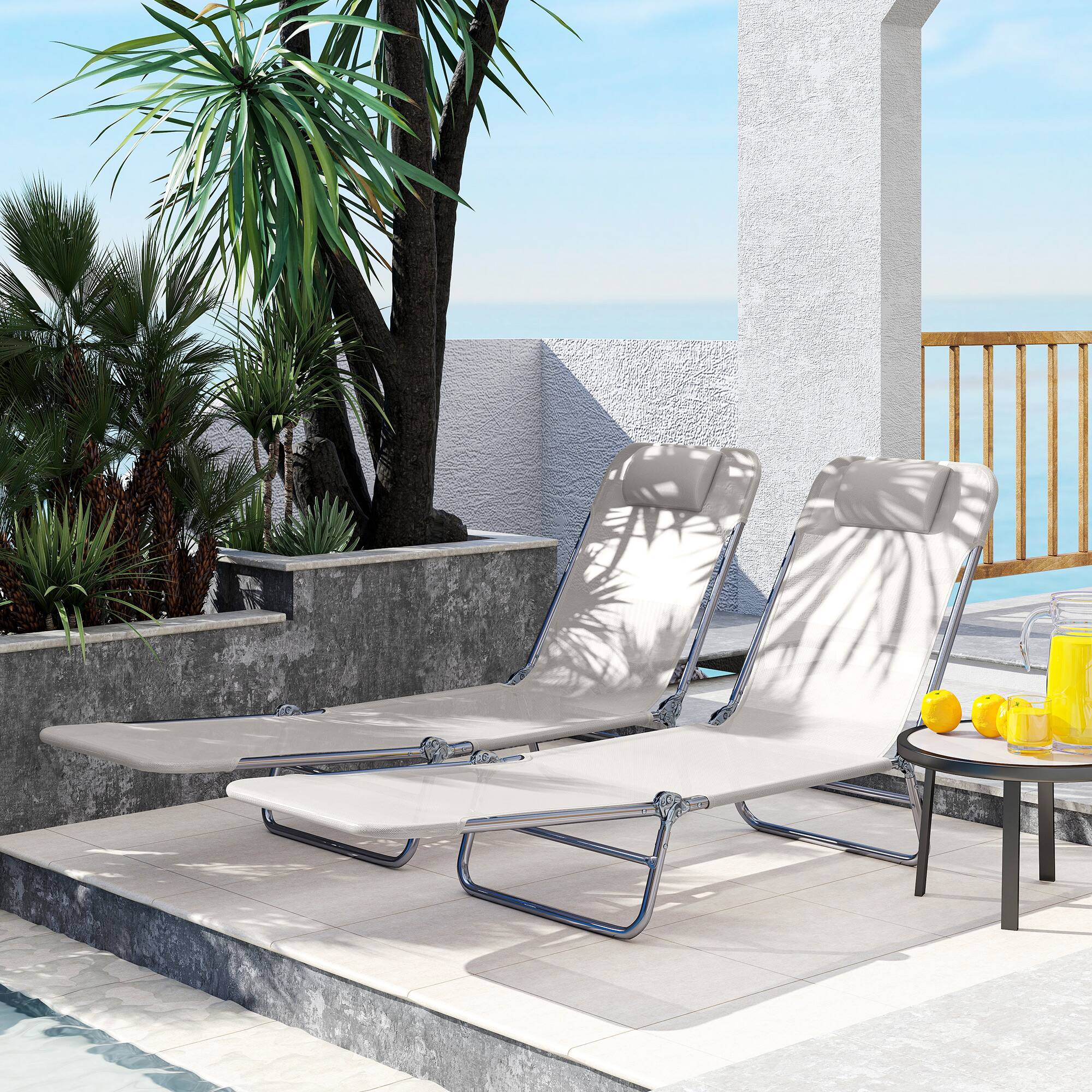 Alt View 1. Outsunny - Piece Sun Loungers, Folding Chaise Lounge Chairs with Reclining Back, Breathable Mesh Seat, Headrest - Cream White.