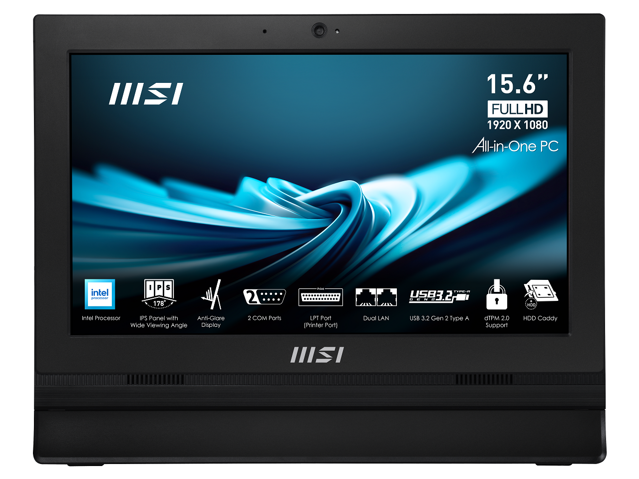 15.6" FULLHD 1920 X 1080 All-in-One PC  
Intel Processor  
IPS Panel with Anti-Glare Wide Viewing Angle Display  
2 COM Ports  
LPT Port (Printer Port)  
Dual LAN  
USB 3.2 Gen 2 Type A  
dTPM 2.0 Support  
HDD Caddy
