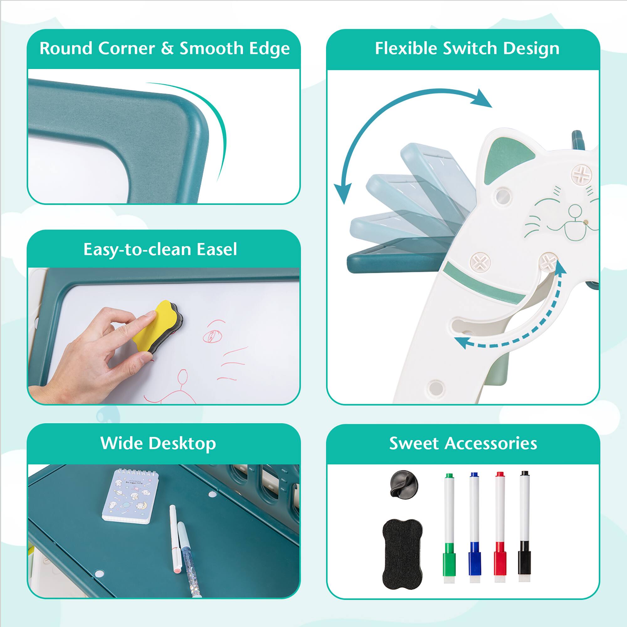 The text on the image is grouped as follows:

1. Round Corner & Smooth Edge: This refers to the design of the switch, which features a rounded corner and a smooth edge for a modern and sleek appearance.
2. Flexible Switch Design: This refers to the design of the switch, which is flexible and can be easily adjusted to fit various needs and preferences.
3. Easy-to-clean Easel: This refers to the easel, which is designed to be easy to clean, making it a practical and convenient choice for users.
4. Wide Desktop: This refers to the wide desktop, which provides ample space for users to work on and accommodates various accessories and tools.
5. Sweet Accessories: This refers to the accessories that come with the switch, which are designed to be visually appealing and add a touch of sweetness to the overall look of the switch.