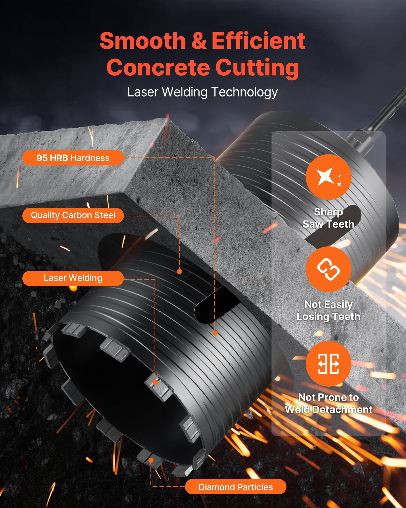 Smooth & Efficient Concrete Cutting  
Laser Welding Technology  

- 95 HRB Hardness  
- Quality Carbon Steel  
- Laser Welding  
- Sharp Saw Teeth  
- Not Easily Losing Teeth  
- Not Prone to Weld Detachment  
- Diamond Particles