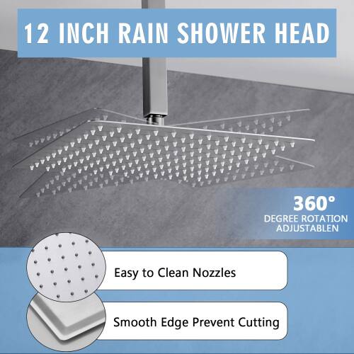 12 INCH RAIN SHOWER HEAD  
360 DEGREE ROTATION ADJUSTABLE  
Easy to Clean Nozzles  
Smooth Edge Prevent Cutting