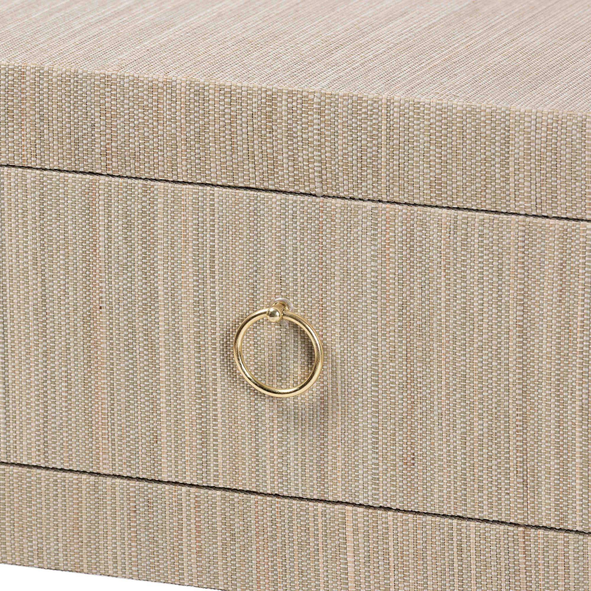 Alt View 2. bali & pari - Noah Grasscloth 2-Drawer Console Table - Woven Texture Entryway Table with Gold Ring Pulls, for Narrow Hallway - Beige/Gold.