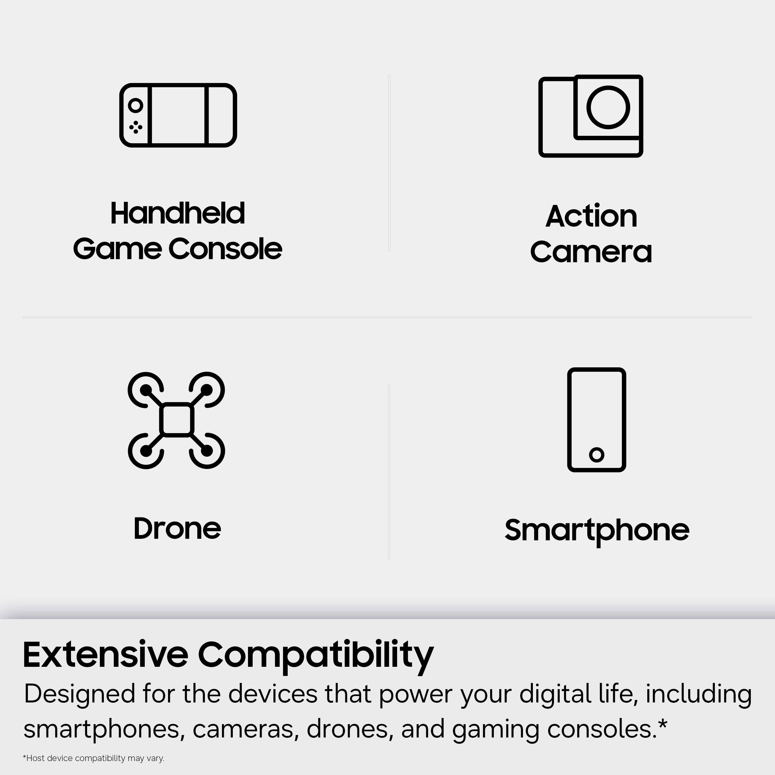 Handheld Game Console  
Action Camera  
Drone  
Smartphone  

Extensive Compatibility  
Designed for the devices that power your digital life, including smartphones, cameras, drones, and gaming consoles.*  
*Host device compatibility may vary.