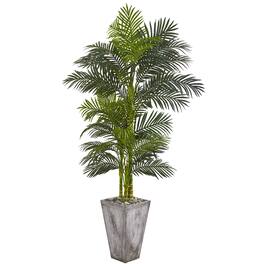 BreeBe - 7' Golden Cane Artificial Palm Tree in Cement Planter - Green