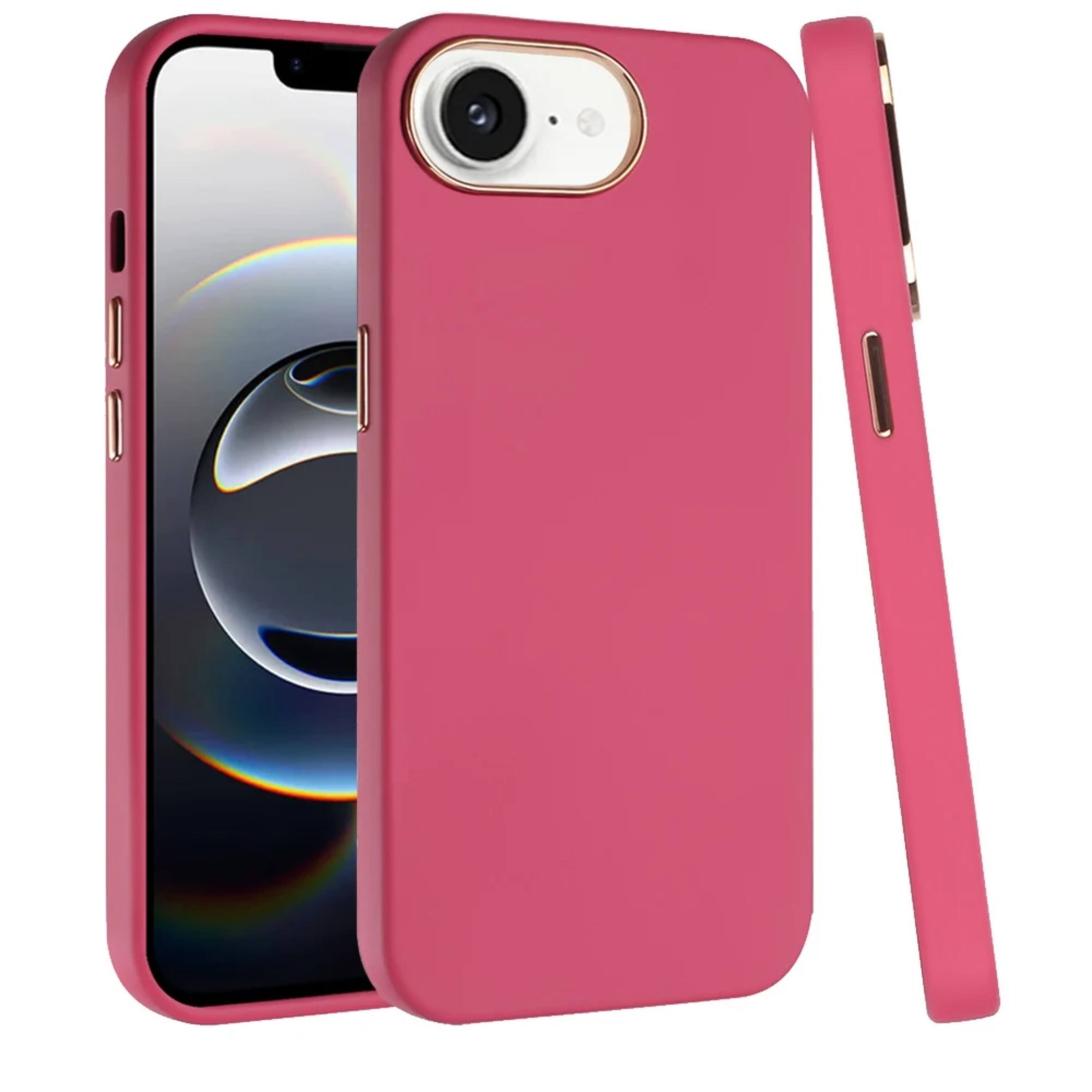 Angle. Kitcheniva - Soft Premium Slim Phone Case Chromed Buttons With Tempered Glass For iPhone 16e/17e Hot Pink - Hot Pink.