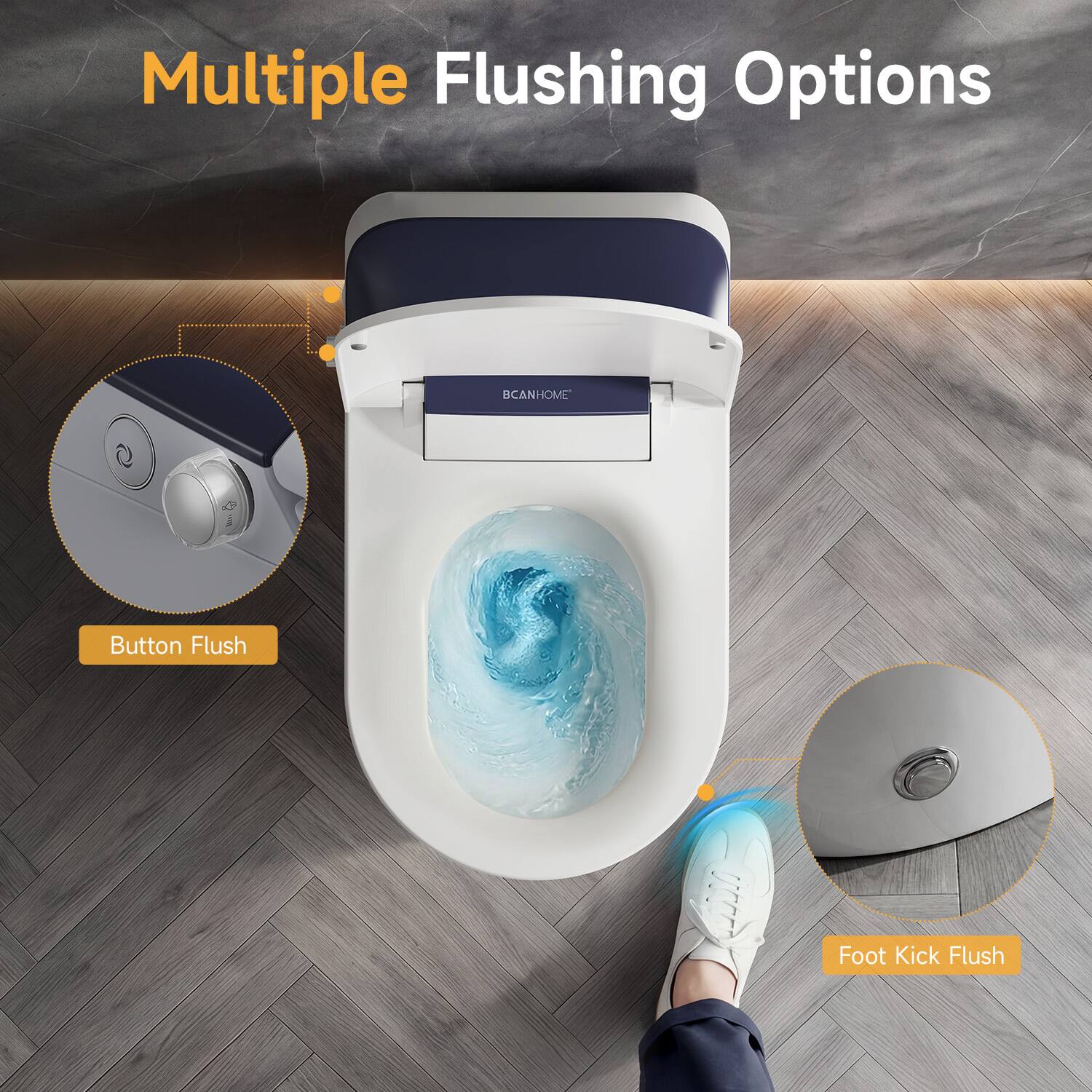 Multiple Flushing Options

- Button Flush
- Foot Kick Flush