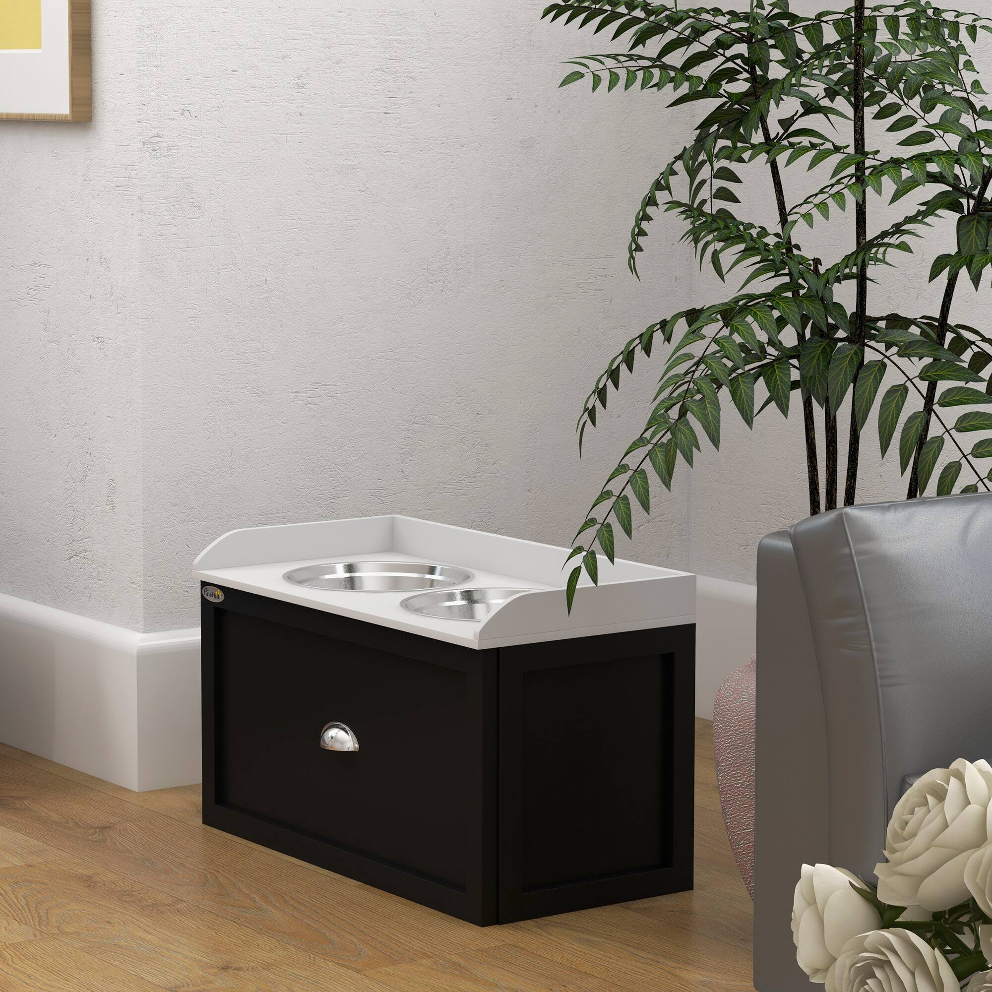 Alt View 4. Pawhut - Dog Feeding Station with Storage Drawer, Dog Food Storage Cabinet with 2 Removable Bowls for Dogs - White, Black.