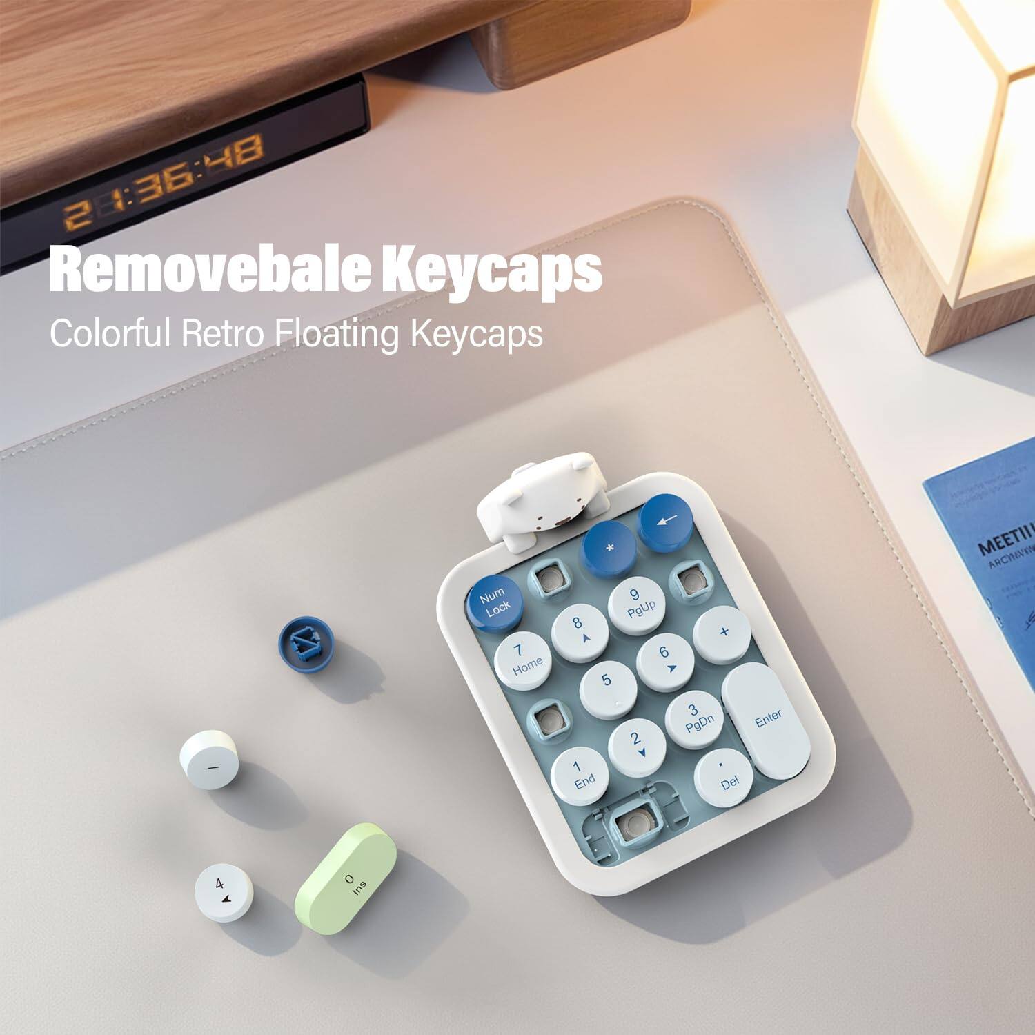 48 28:36:48 2 :: :36 Removeable Keycaps Colorful Retro Floating Keycaps / Num Lock 7 Home 9 PgUp 8 A 4 6 A 5 3 PgDn Enter 2 A 1 End Del MEETII RCHEVEN 4 A 0