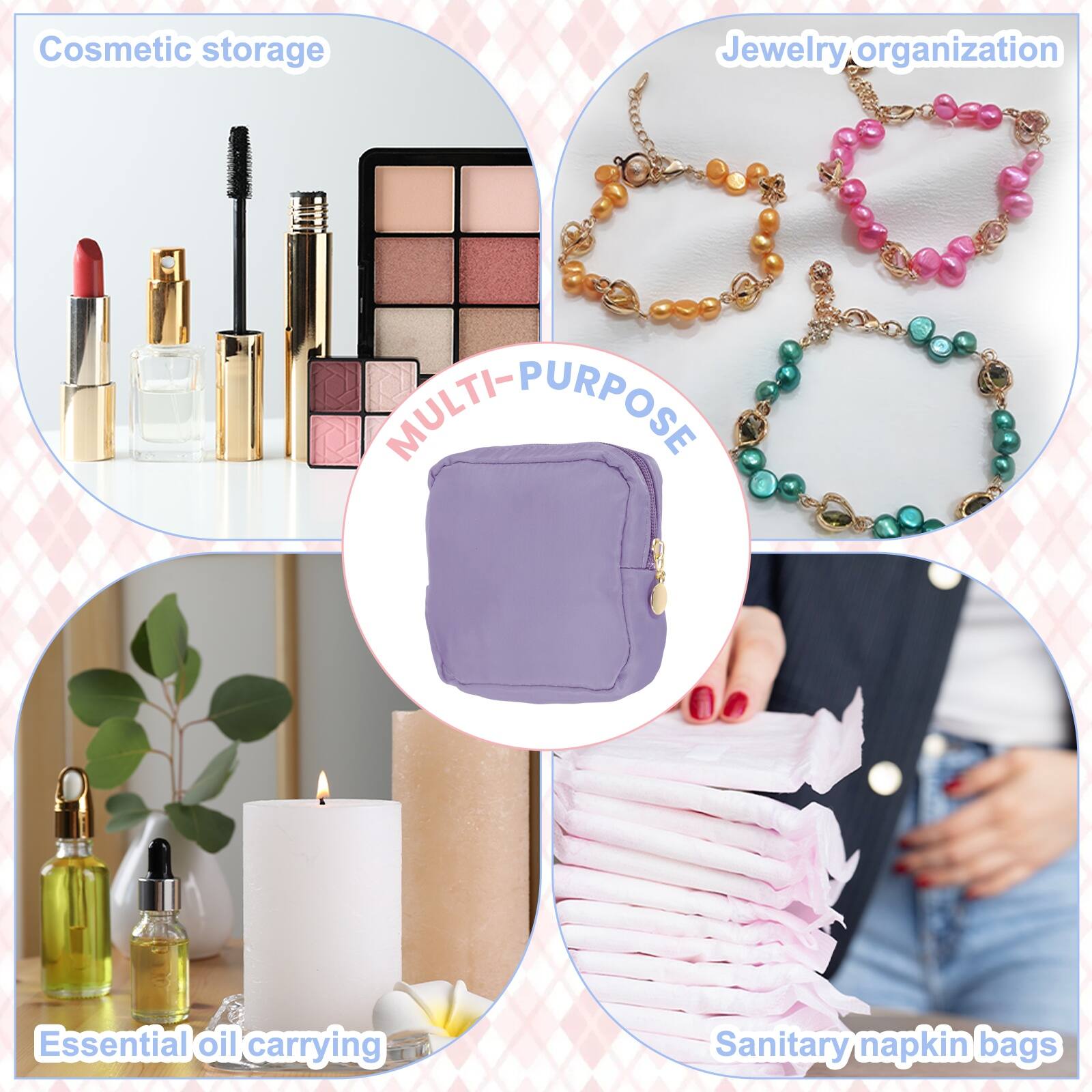 Cosmetic storage  
Jewelry organization  
MULTI-PURPOSE  
Essential oil carrying  
Sanitary napkin bags