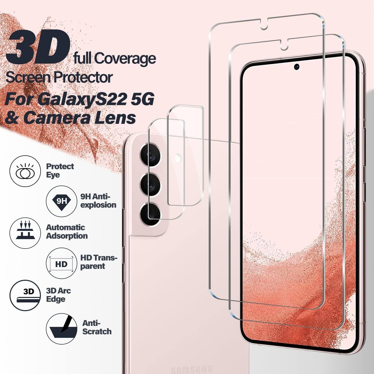 3D full Coverage Screen Protector  
For Galaxy S22 5G & Camera Lens  

- Protect Eye  
- 9H Anti-explosion  
- Automatic Adsorption  
- HD Transparent  
- 3D Arc Edge  
- Anti-Scratch