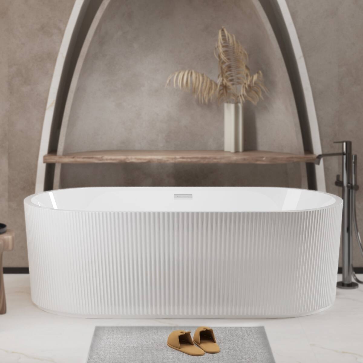 Angle. Loheer - Loheer 67 Inch Freestanding Acrylic Bathtub Gloss White Oval Soaking Tub with Center Drain and Chrome Overflow - Gloss White.