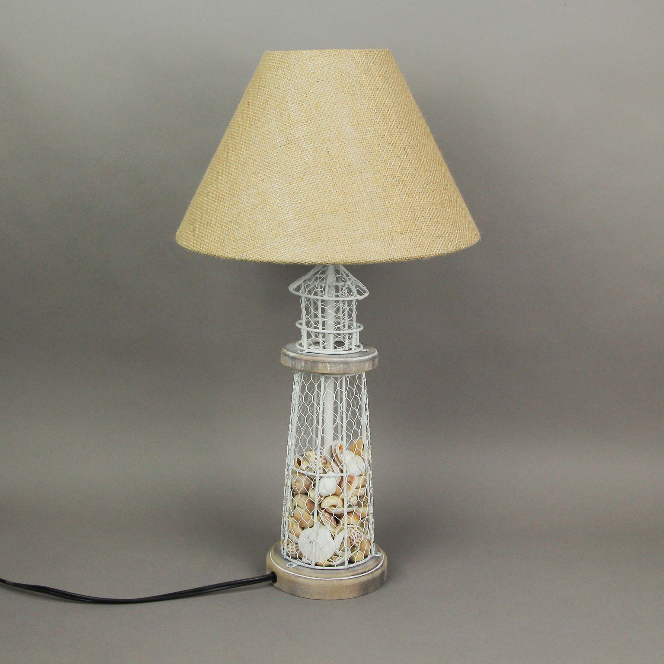 Alt View 3. Zeckos - White and Grey Metal Real Seashell Lighthouse Table Lamp with Burlap Shade - White.