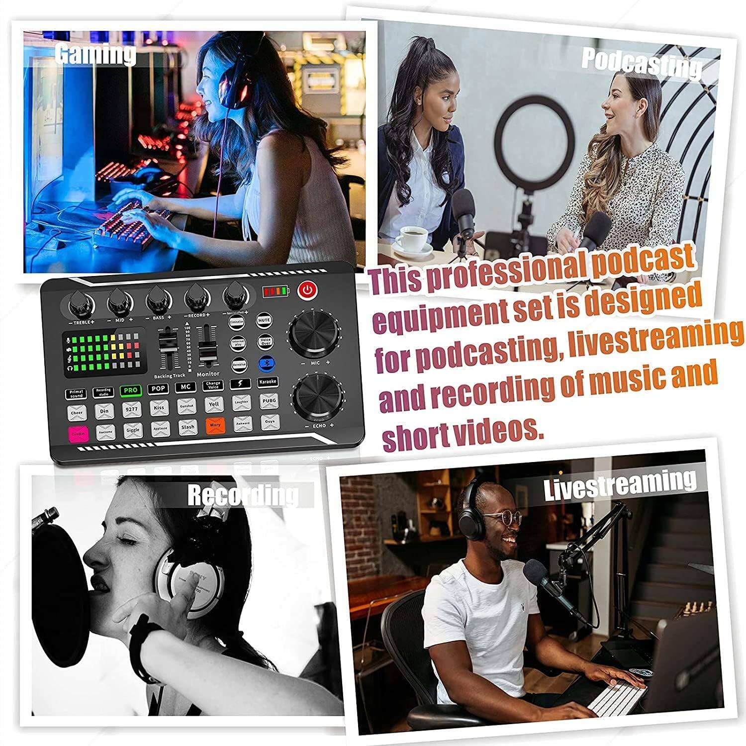This professional podcast equipment set is designed for podcasting, livestreaming, and recording of music and short videos.