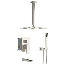 Lordear - Shower System with Waterfall Tub Spout,16 Inch Ceiling Mount Square Shower System with Rough-in Valve - Brushed Nickel