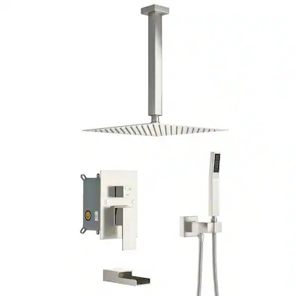 Front. Lordear - Shower System with Waterfall Tub Spout,16 Inch Ceiling Mount Square Shower System with Rough-in Valve,Brushed Nickel - Brushed Nickel.