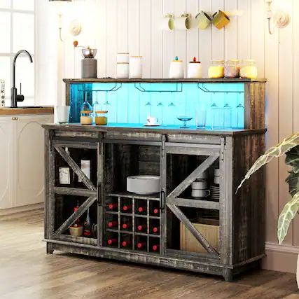 Front. Homcom - Farmhouse Coffee Bar Cabinet with Smart App Control LED Lights, 55" Wine Bar Cabinet with 12-Bottle Rack - Distressed Dark Brown.