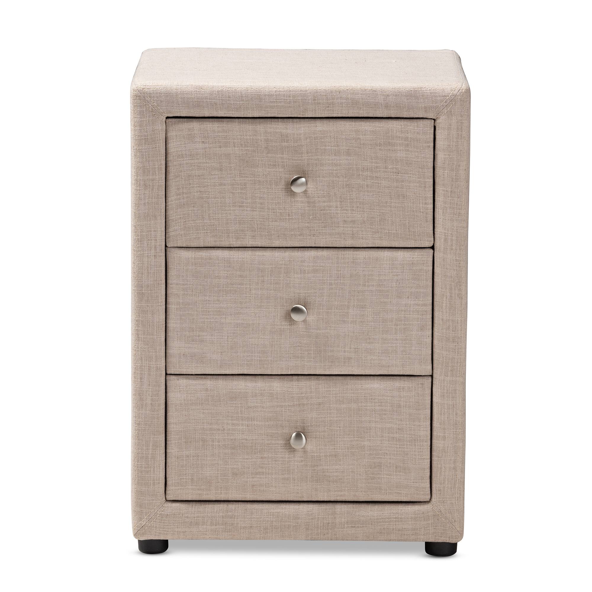 Left. Baxton Studio - Tessa Modern and Contemporary Fabric Upholstered 3-Drawer Nightstand - Beige.