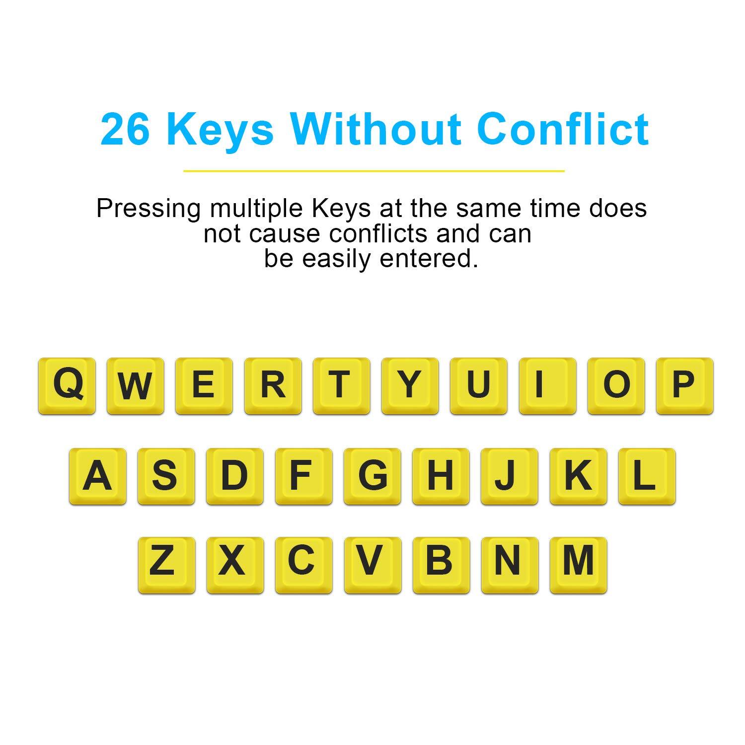 26 Keys Without Conflict

Pressing multiple Keys at the same time does not cause conflicts and can be easily entered.

Q W E R T Y U I O P  
A S D F G H J K L  
Z X C V B N M