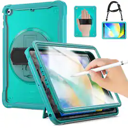 Dteck - Rugged Case for Apple iPad (9th Generation) 10.2" 2021 Built-in Screen Protector, Shockproof Kickstand Cover with Strap - Blue