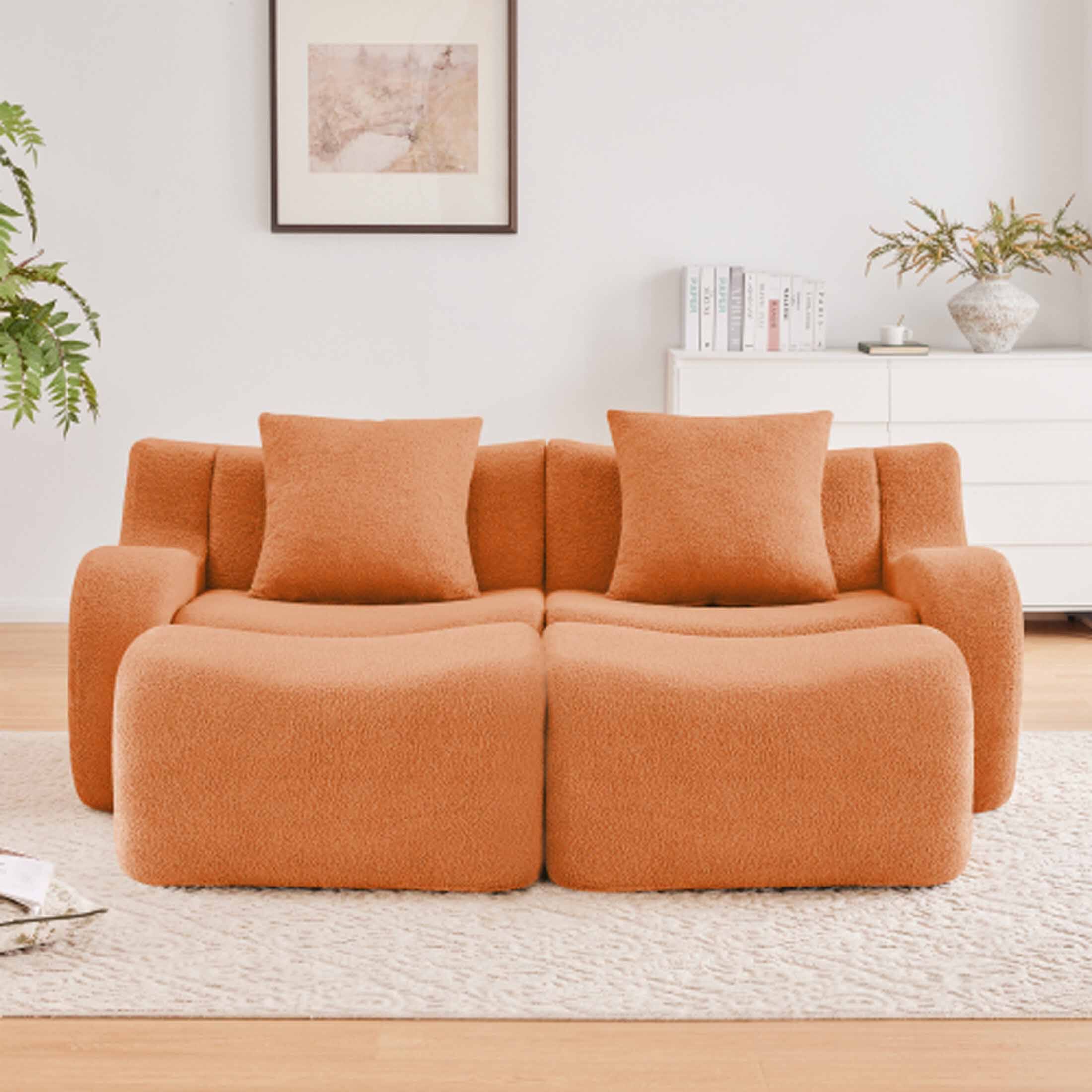 Angle. Aukfa - Modular Teddy Fabric Sofa - 2-Seat Sectional with 2 Ottomans, Soft Boneless Design for Living Room - Orange.