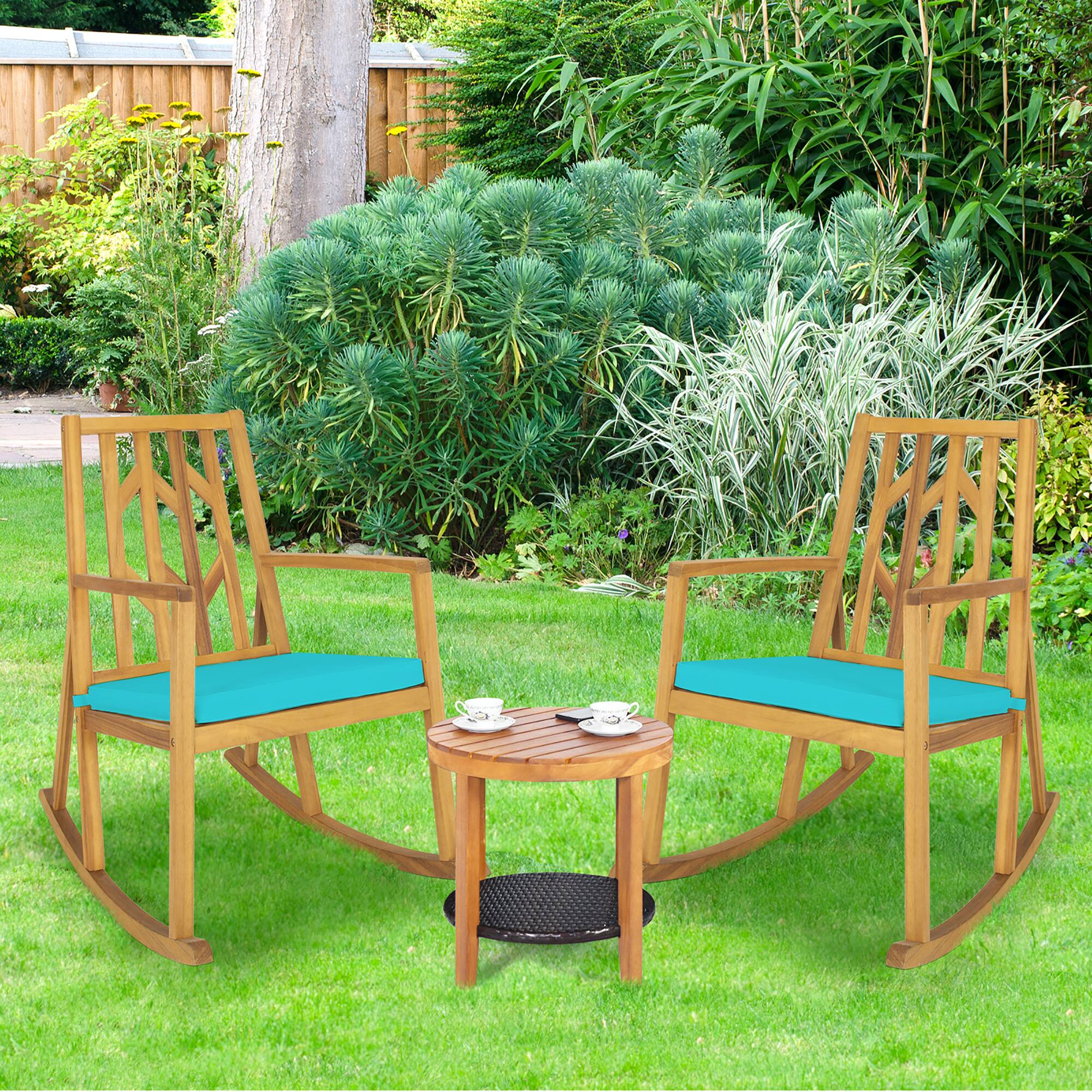 Alt View 1. Costway - Costway 2 PCS Patio Rocking Chair Acacia Wood Armrest Cushioned Sofa Garden Turquoise - Turquoise.