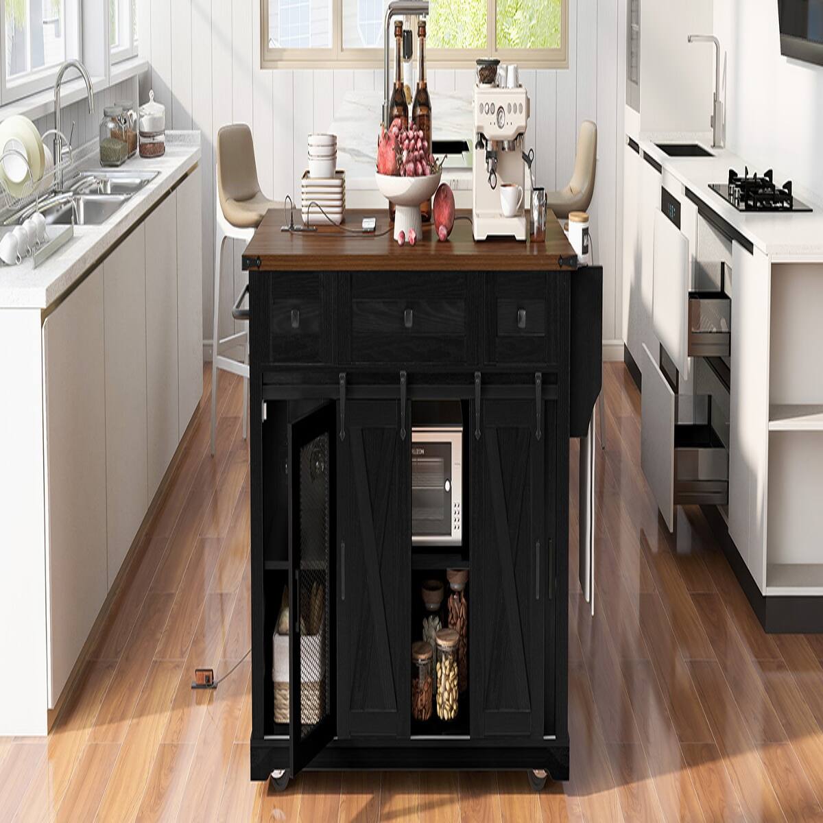 Left. Loheer - Loheer Farmhouse Kitchen Island with Drop Leaf and Sliding Barn Door, Rolling Kitchen Cart with Power Outlet, Black - Black.